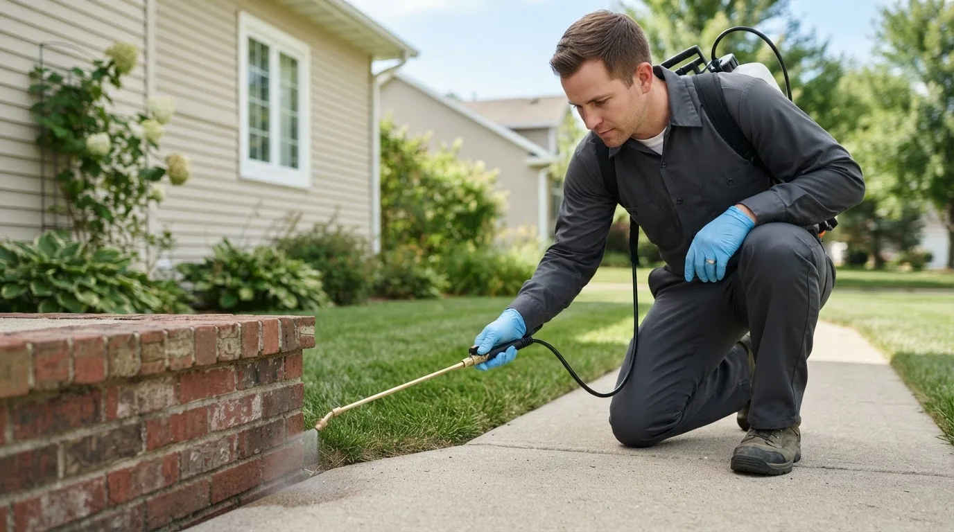 Pest control technician treating a home near Bradshaw, WV