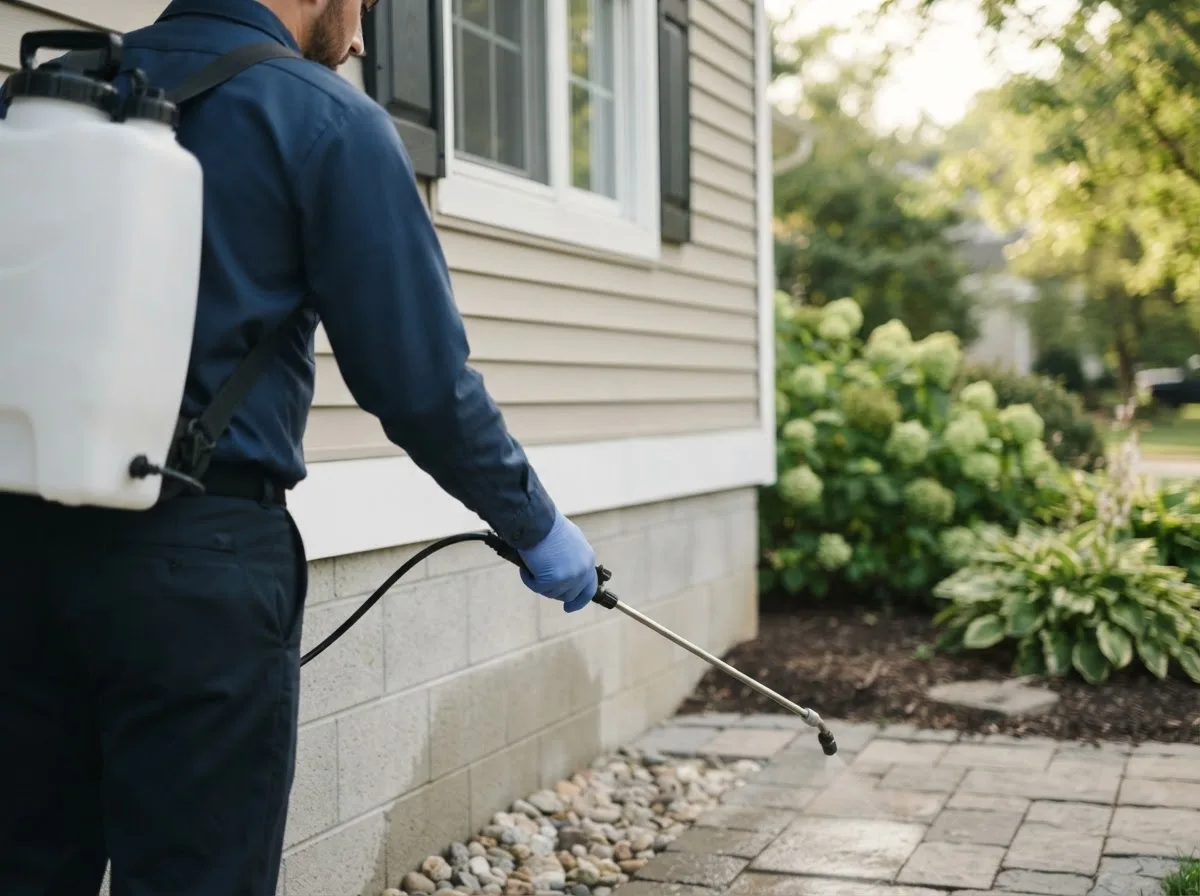 Pest control technician inspecting a home in Bradshaw, WV